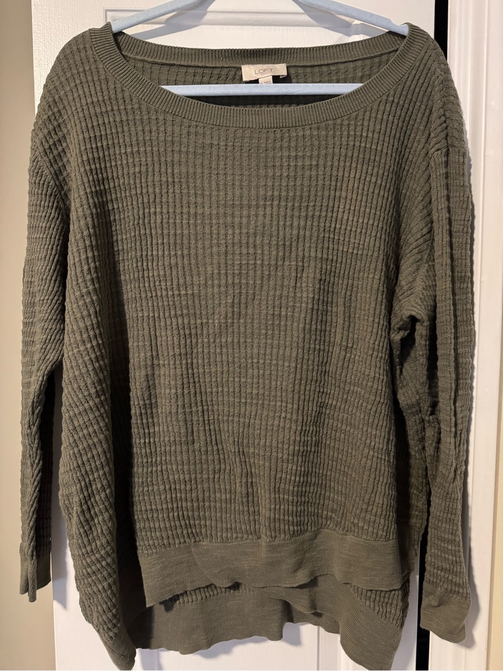 LOFT Outlet Olive Green Waffle Knit Scoop Neck Long Sleeve Top | Size XL